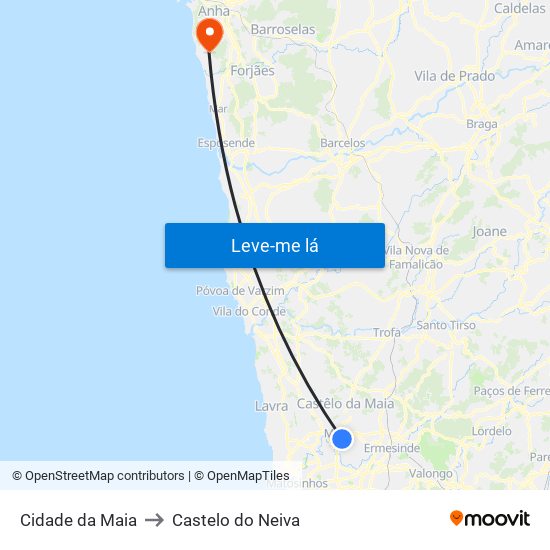 Cidade da Maia to Castelo do Neiva map