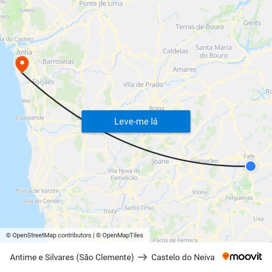 Antime e Silvares (São Clemente) to Castelo do Neiva map