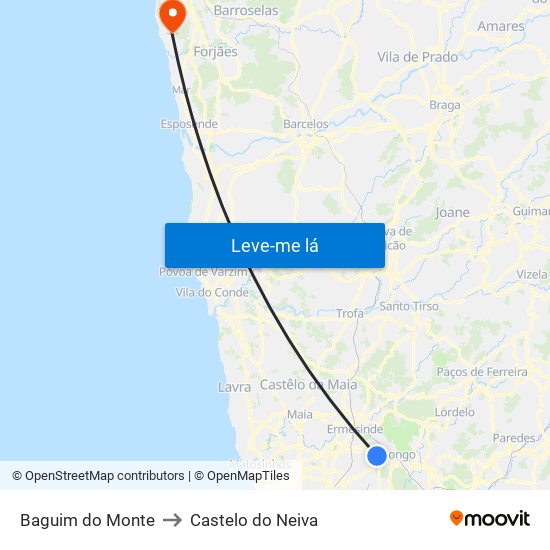 Baguim do Monte to Castelo do Neiva map