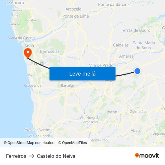 Ferreiros to Castelo do Neiva map