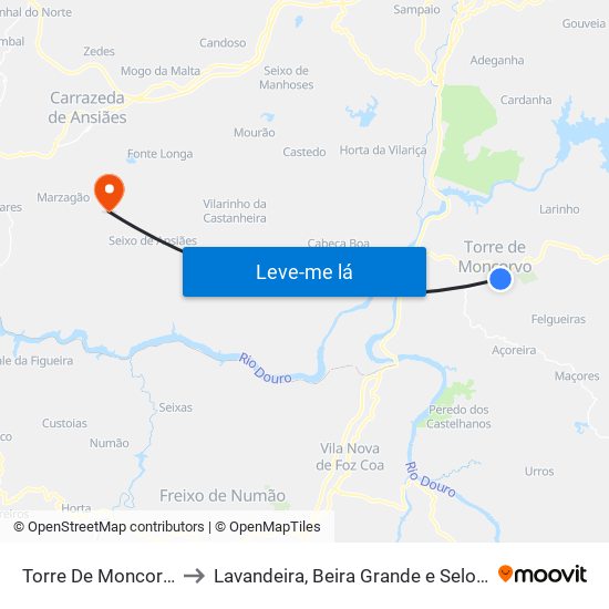 Torre De Moncorvo to Lavandeira, Beira Grande e Selores map