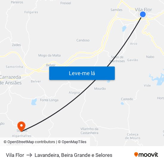 Vila Flor to Lavandeira, Beira Grande e Selores map