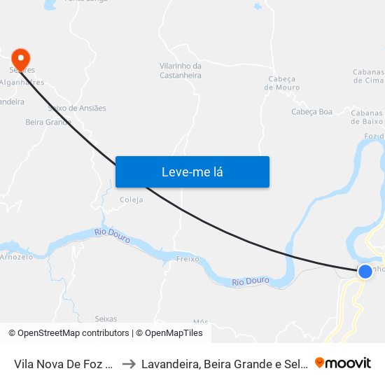 Vila Nova De Foz Côa to Lavandeira, Beira Grande e Selores map