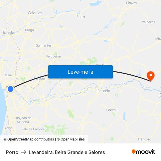Porto to Lavandeira, Beira Grande e Selores map