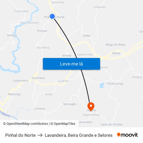 Pinhal do Norte to Lavandeira, Beira Grande e Selores map