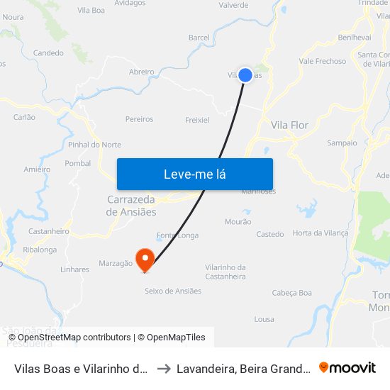 Vilas Boas e Vilarinho das Azenhas to Lavandeira, Beira Grande e Selores map