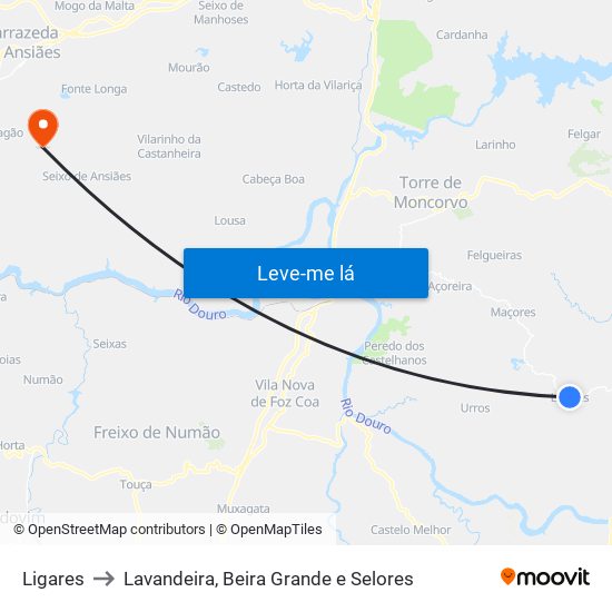 Ligares to Lavandeira, Beira Grande e Selores map