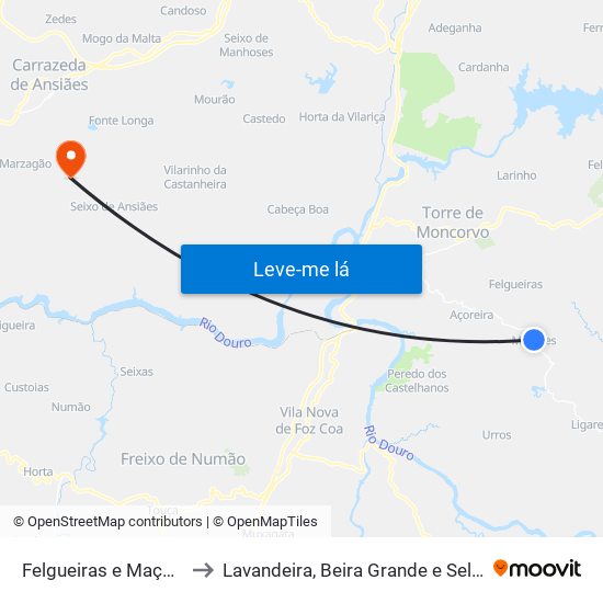 Felgueiras e Maçores to Lavandeira, Beira Grande e Selores map