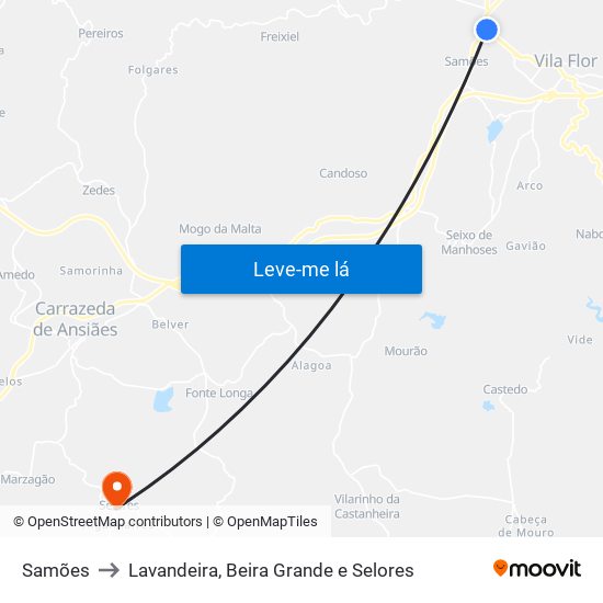 Samões to Lavandeira, Beira Grande e Selores map