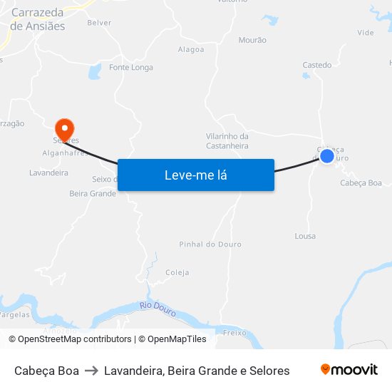 Cabeça Boa to Lavandeira, Beira Grande e Selores map