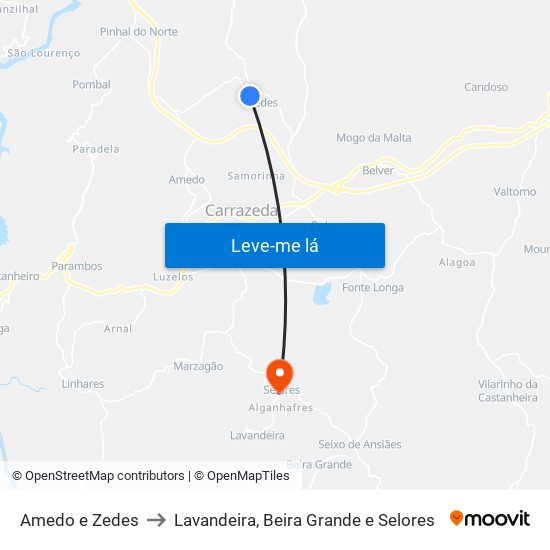 Amedo e Zedes to Lavandeira, Beira Grande e Selores map