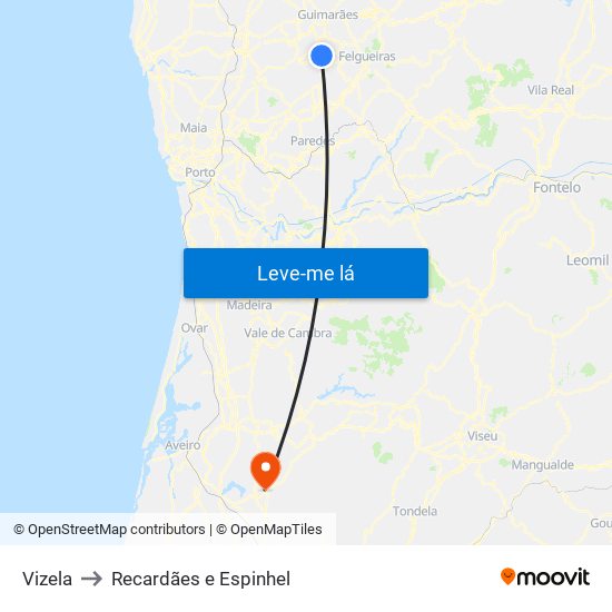 Vizela to Recardães e Espinhel map