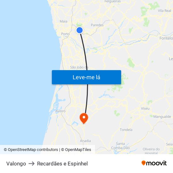 Valongo to Recardães e Espinhel map