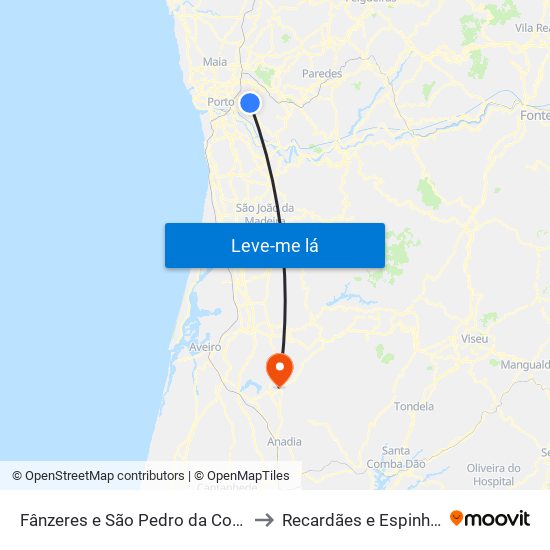 Fânzeres e São Pedro da Cova to Recardães e Espinhel map