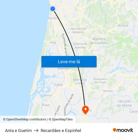 Anta e Guetim to Recardães e Espinhel map