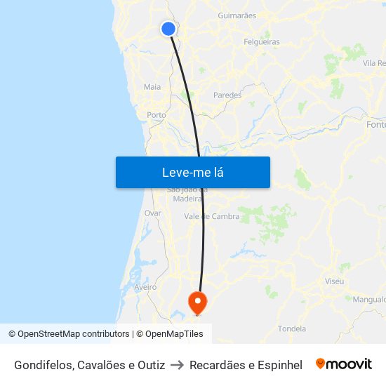 Gondifelos, Cavalões e Outiz to Recardães e Espinhel map