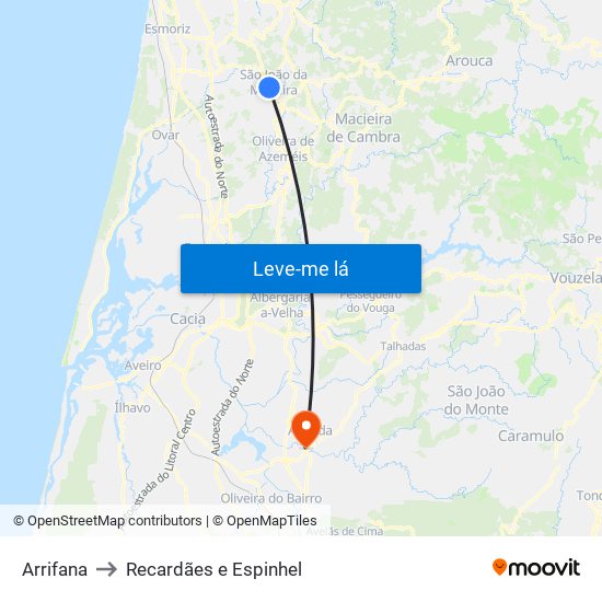 Arrifana to Recardães e Espinhel map