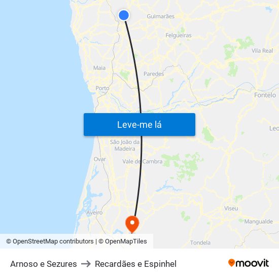 Arnoso e Sezures to Recardães e Espinhel map