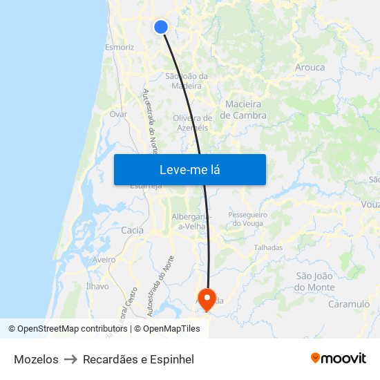 Mozelos to Recardães e Espinhel map