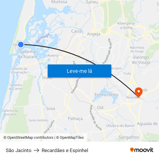 São Jacinto to Recardães e Espinhel map