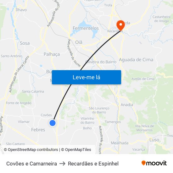 Covões e Camarneira to Recardães e Espinhel map