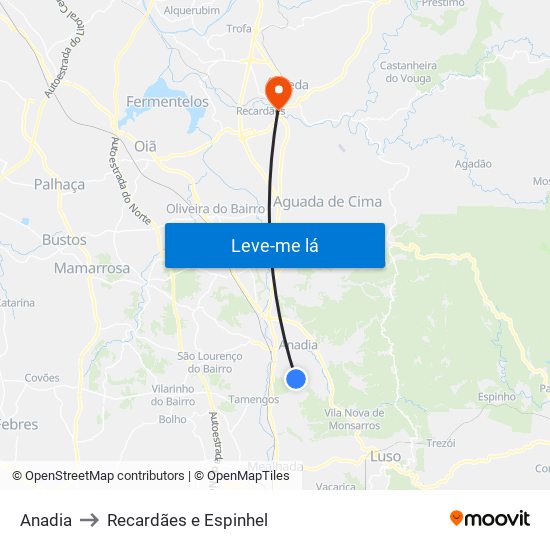 Anadia to Recardães e Espinhel map