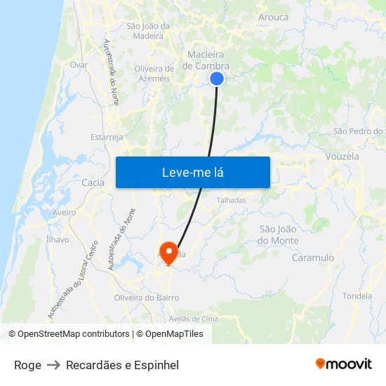 Roge to Recardães e Espinhel map