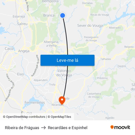 Ribeira de Fráguas to Recardães e Espinhel map