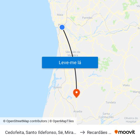 Cedofeita, Santo Ildefonso, Sé, Miragaia, São Nicolau e Vitória to Recardães e Espinhel map