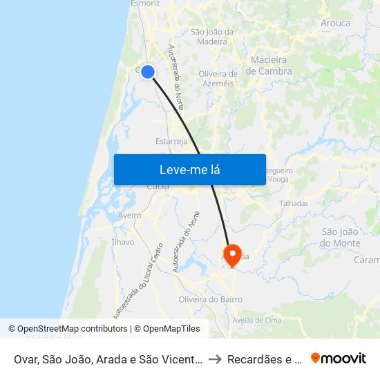 Ovar, São João, Arada e São Vicente de Pereira Jusã to Recardães e Espinhel map