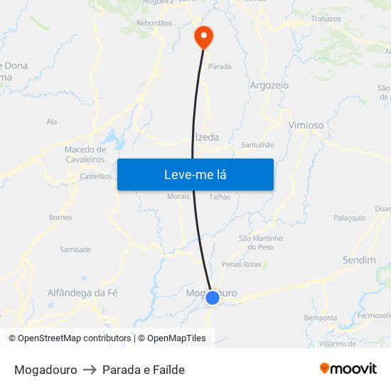 Mogadouro to Parada e Faílde map