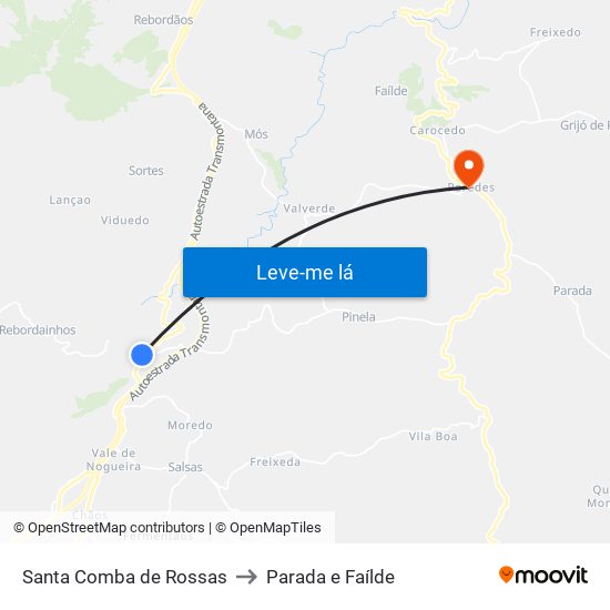 Santa Comba de Rossas to Parada e Faílde map