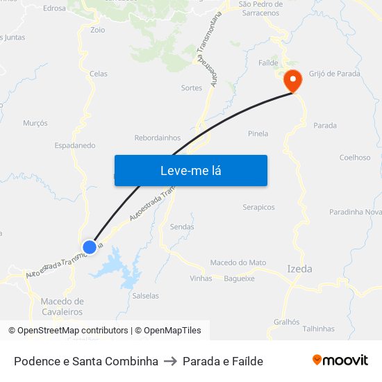 Podence e Santa Combinha to Parada e Faílde map