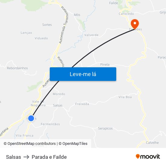Salsas to Parada e Faílde map
