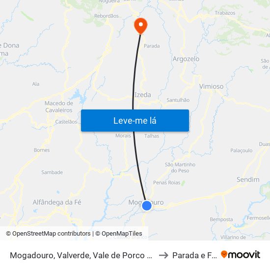 Mogadouro, Valverde, Vale de Porco e Vilar de Rei to Parada e Faílde map