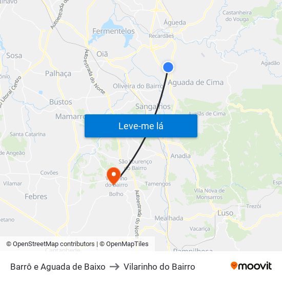 Barrô e Aguada de Baixo to Vilarinho do Bairro map