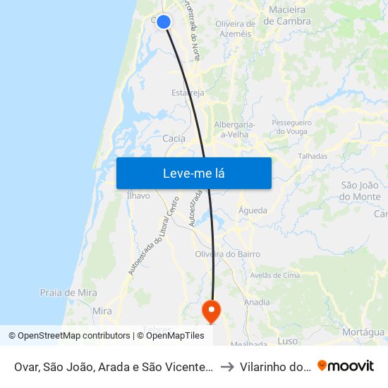 Ovar, São João, Arada e São Vicente de Pereira Jusã to Vilarinho do Bairro map