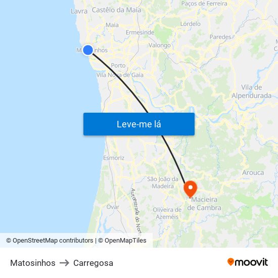 Matosinhos to Carregosa map