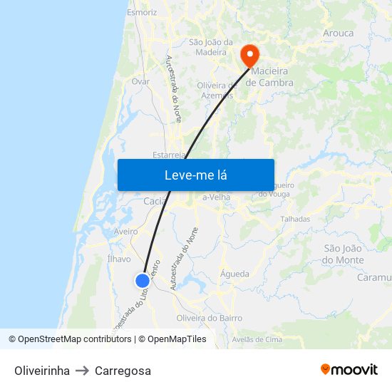 Oliveirinha to Carregosa map