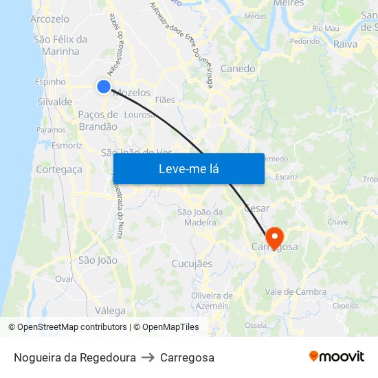 Nogueira da Regedoura to Carregosa map