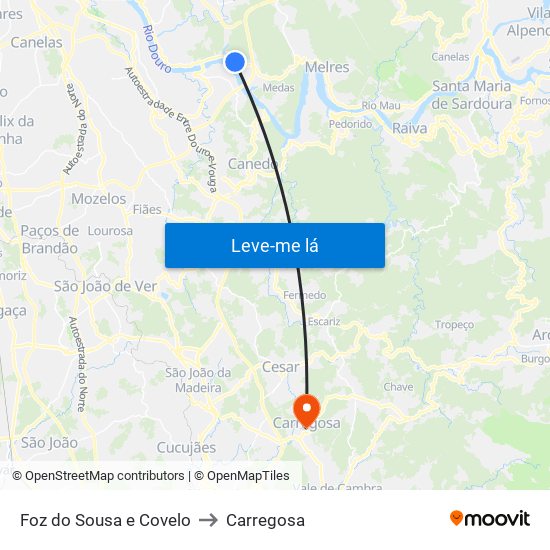 Foz do Sousa e Covelo to Carregosa map