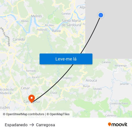 Espadanedo to Carregosa map