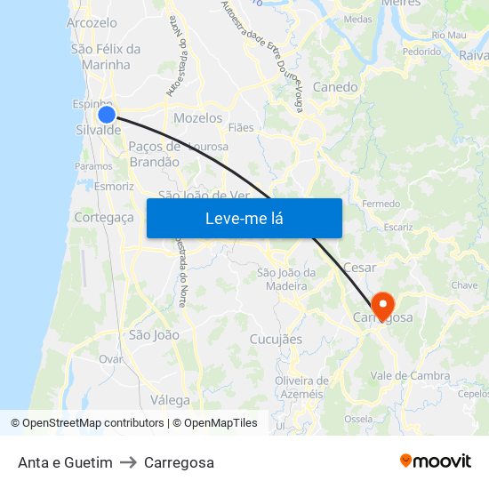 Anta e Guetim to Carregosa map