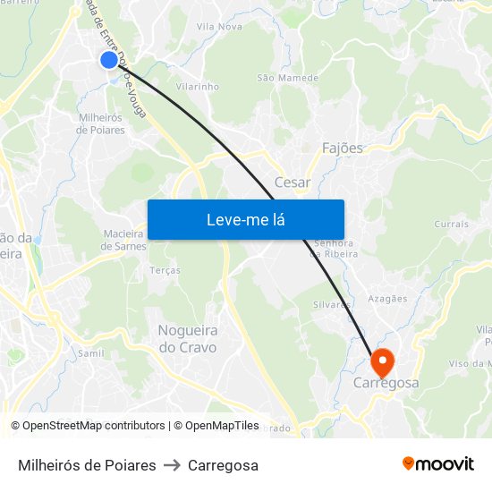 Milheirós de Poiares to Carregosa map