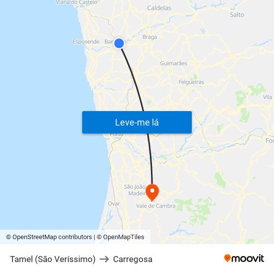 Tamel (São Veríssimo) to Carregosa map