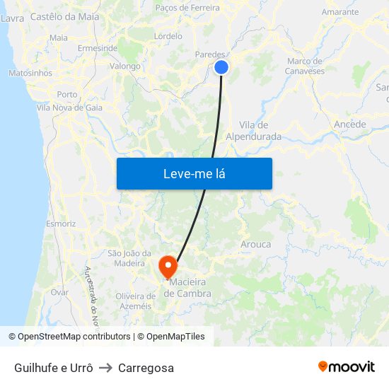 Guilhufe e Urrô to Carregosa map