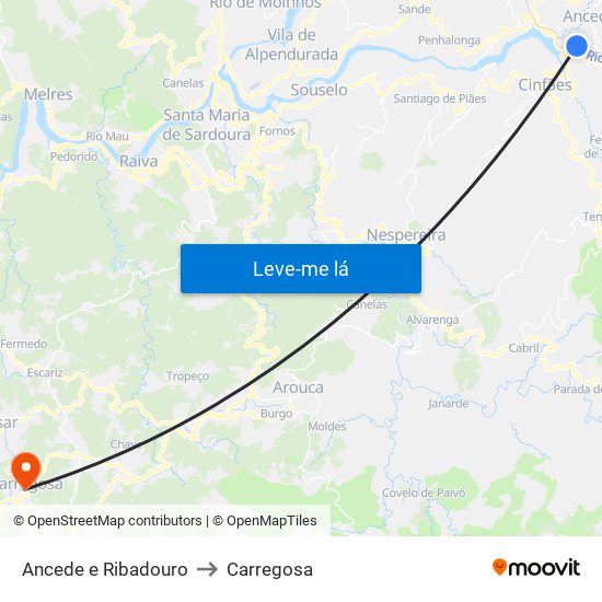 Ancede e Ribadouro to Carregosa map