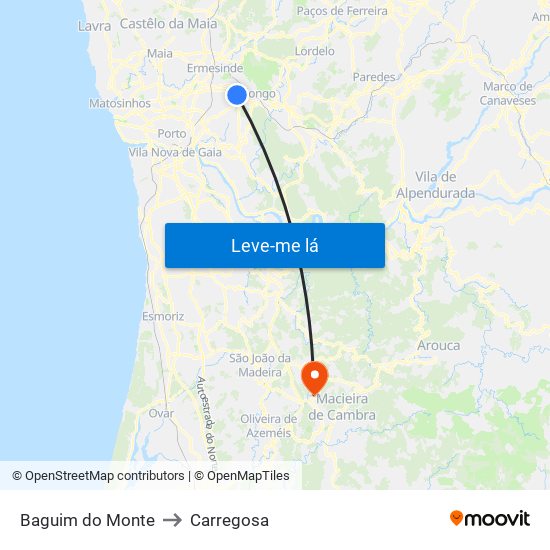 Baguim do Monte to Carregosa map