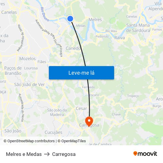 Melres e Medas to Carregosa map