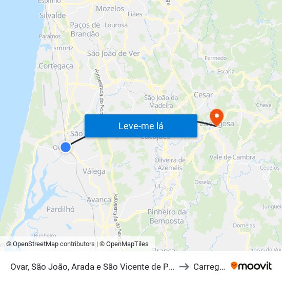 Ovar, São João, Arada e São Vicente de Pereira Jusã to Carregosa map